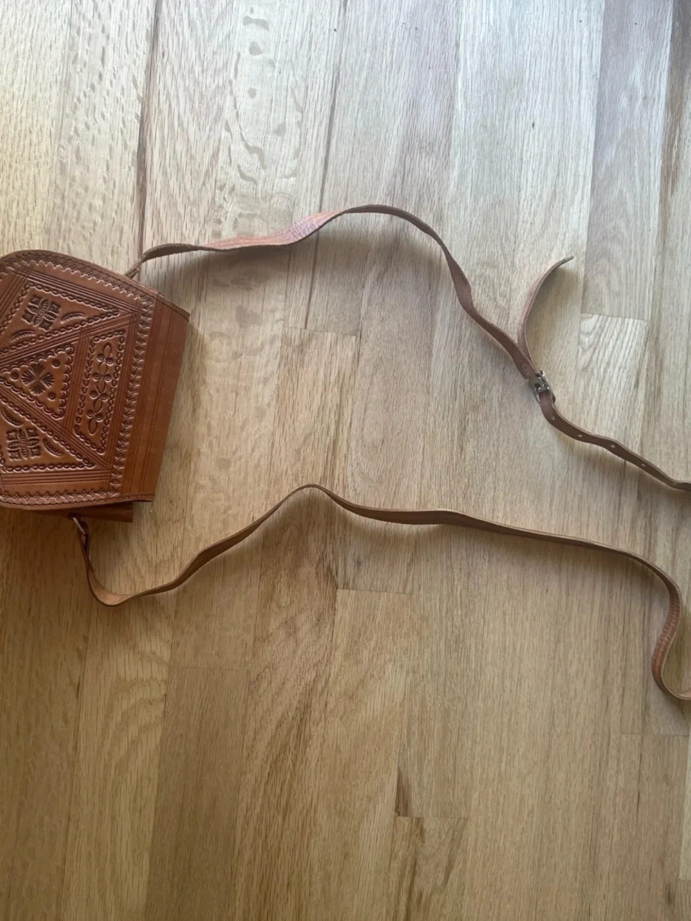 Hand-Tooled Leather Crossbody Bag in Tan